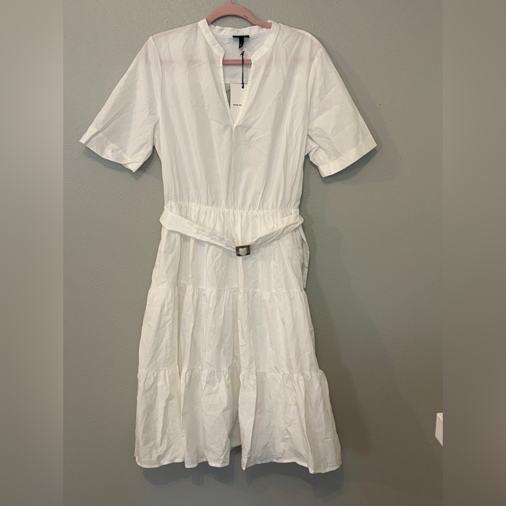 White cotton belted tiered midi vacation sundress short sleeve casual resortwear - Picture 2 of 6
